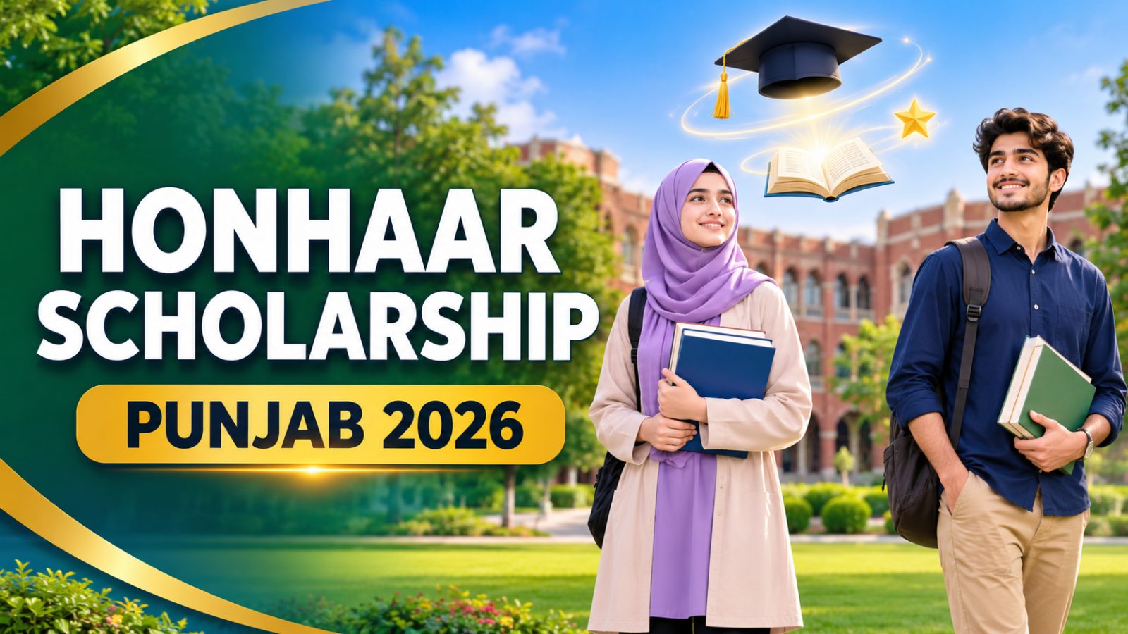 Female student in hijab and a male student standing apart on a university campus for the Honhaar Scholarship 2026 in Punjab