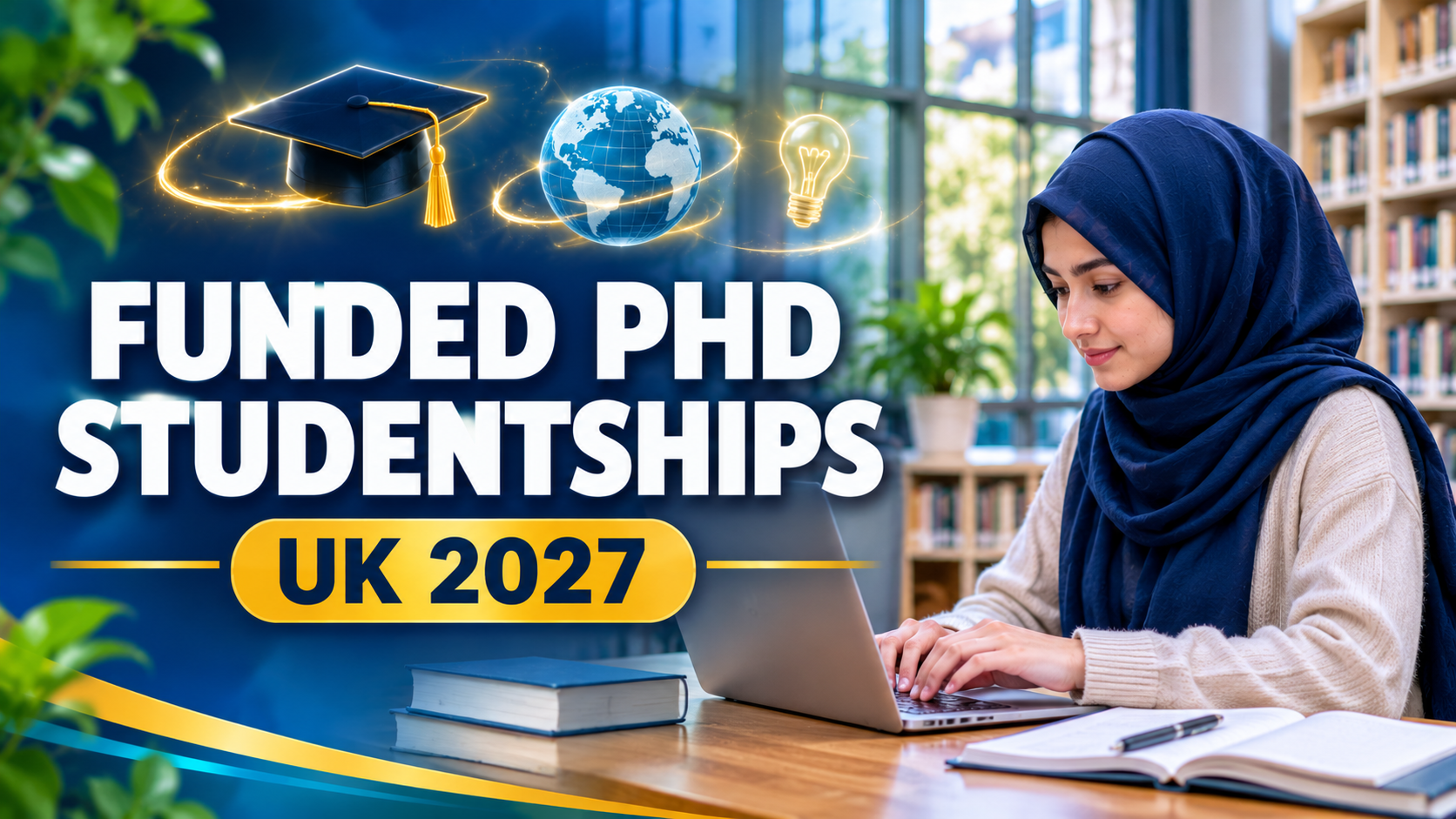 University of Reading International PhD Studentships 2027: Funding, Eligibility and How to Apply 5 Female researcher in hijab studying in a university library for the Reading PhD studentships 2027