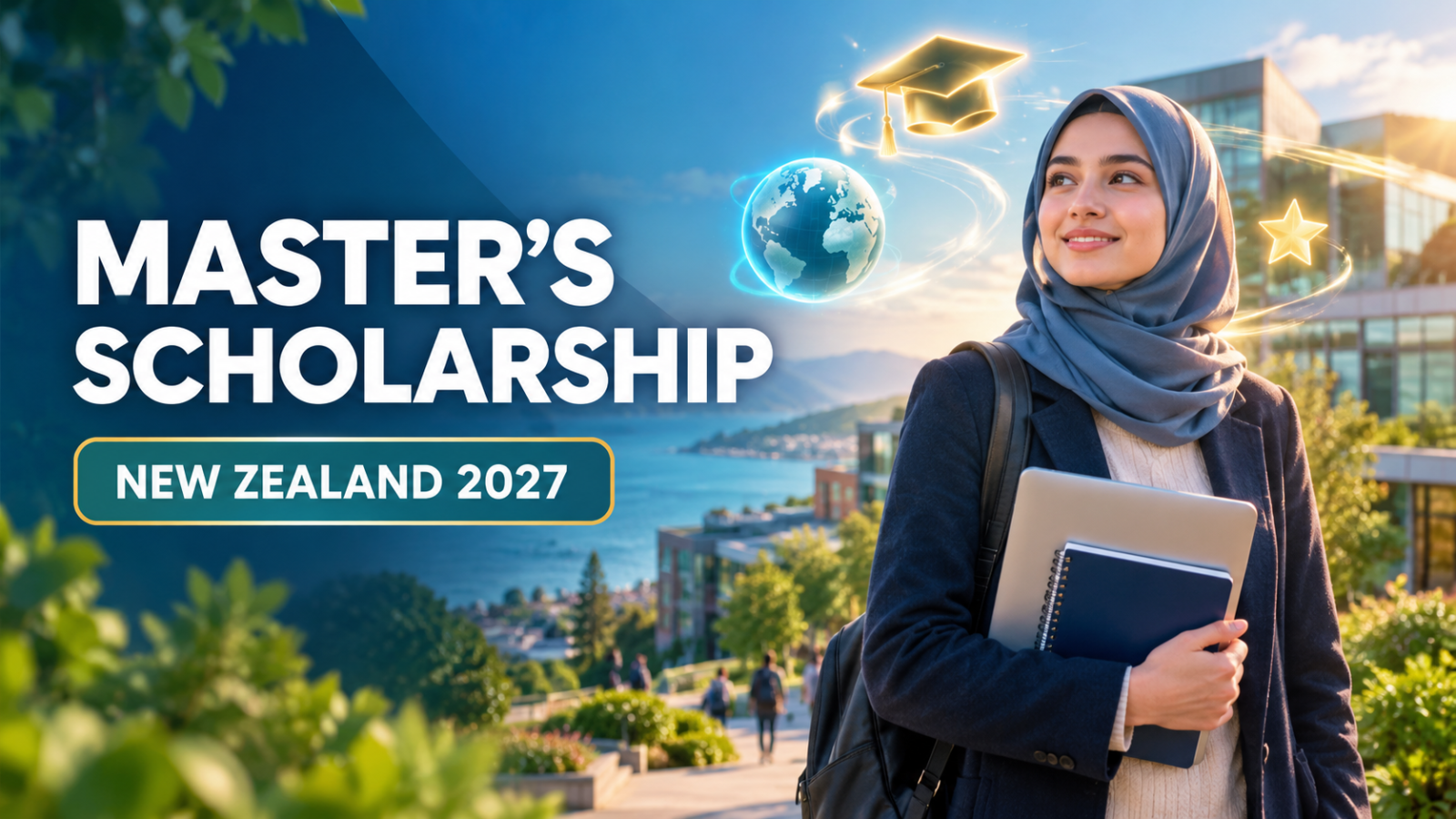 Female master's student in hijab on a university campus for the Auckland Excellence Scholarship 2027