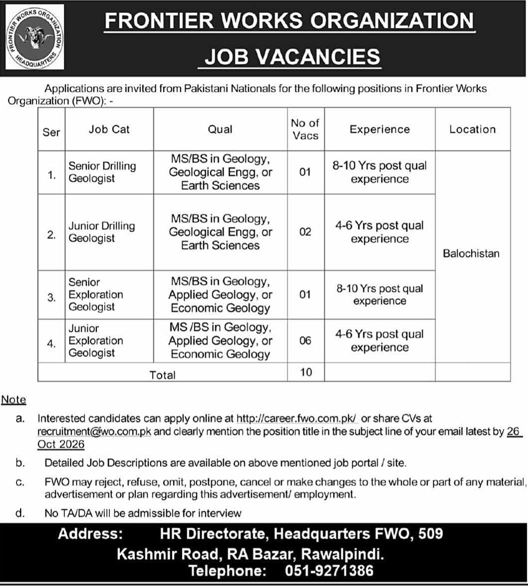 FWO Jobs 2026 in Balochistan: Apply for 10 Geologist Vacancies 3 FWO Jobs 2026 in Balochistan: Apply for 10 Geologist Vacancies