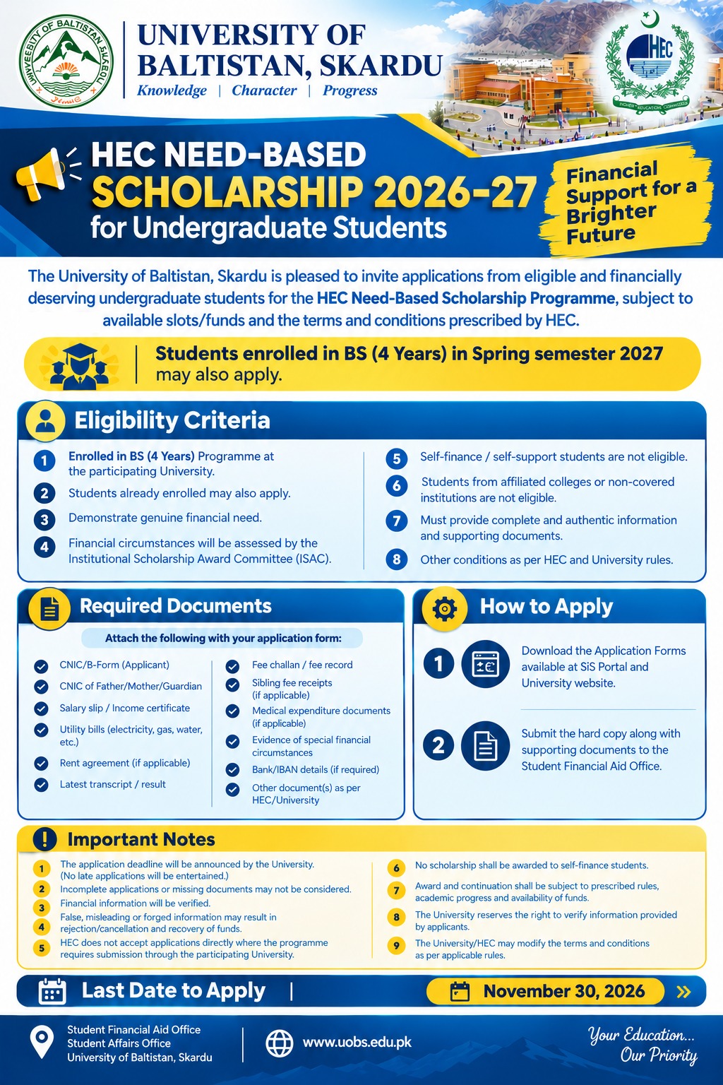 University of Baltistan HEC Need-Based Scholarship 2026-27: Eligibility, Documents and How to Apply 3 University of Baltistan HEC Need-Based Scholarship 2026-27: Eligibility, Documents and How to Apply