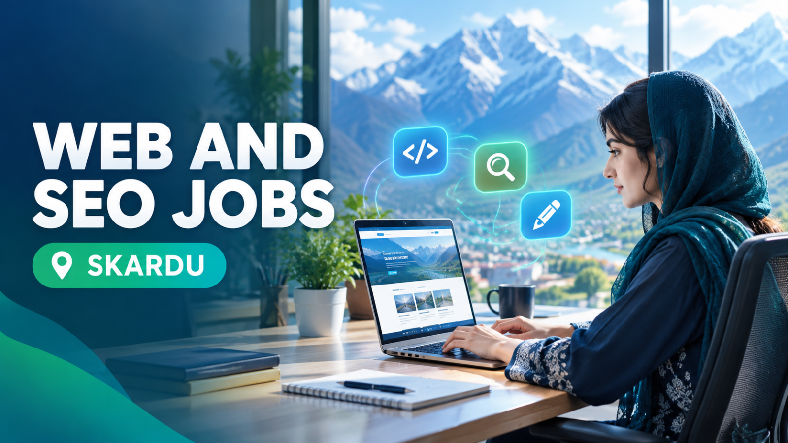 Web designer working on a laptop with mountain views for the Al Bayan Foundation Skardu jobs